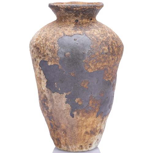 Small Stone Vase for Rustic Home Decor, Farmhouse Antique Pottery Vase Furniture&Table Flower Decorative, Round Terracotta Vases for Living Room Decor, Modern Rustic Concrete Clay Art Vases