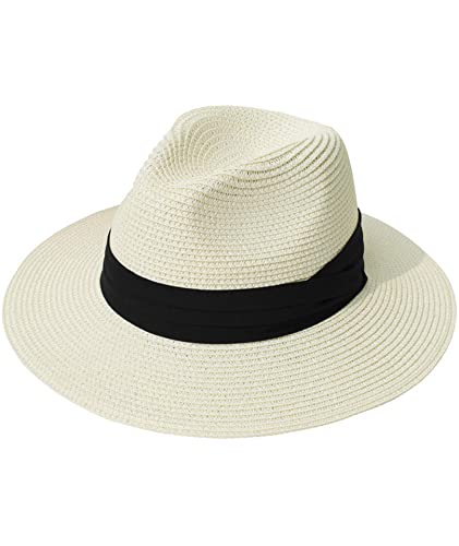 Yutdeng Cappello Panama per Donna Uomo Cappello da Spiaggia in Paglia Unisex Fedora Cappello Arrotolato in Paglia a Tesa Larga Cappello da Sole Regolabile Estivo Moda Pieghevole cap Bianco Latte
