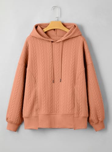 ALVAQ SWEATSHIRT FOR WOMEN FASHION FALL OUTFITS 2024 OVERSIZED TEXTURED SLIT HIGH-LOW DRAWSTRING HOODIES TUNIC PULLOVER TOPS WINTER CLOTHES ORANGE X-LARGE