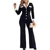 CHICME Womens Dressy Casual Jumpsuit Color Block Collar Long Sleeve Button Down Wide Leg One Piece Outfit