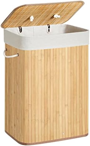 Cesta Portabiancheria con Coperchio, 72 L, Cesto Porta Biancheria in Bamb? Pieghevole, Sacco Rimovibile e Lavabile in Lavatrice, Maniglie, Lavanderia Camera, Naturale LCB10Y