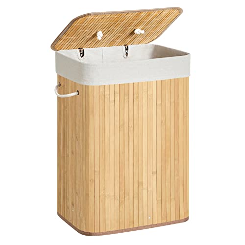 Cesta Portabiancheria con Coperchio, 72 L, Cesto Porta Biancheria in Bamb? Pieghevole, Sacco Rimovibile e Lavabile in Lavatrice, Maniglie, Lavanderia Camera, Naturale LCB10Y
