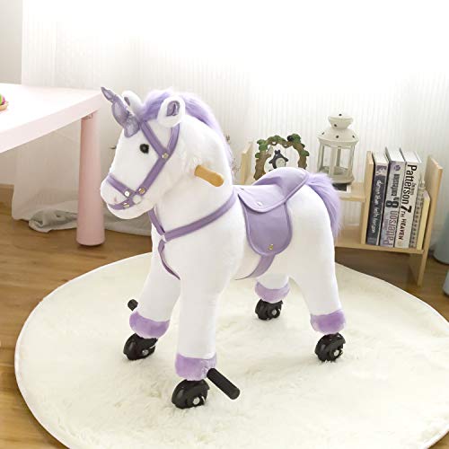 Peach Tree Kids Plush Mechanical Walking Ride On Horse Unicorn Riding Rocker with Wheels Neigh Sound for Children's Day Gift
