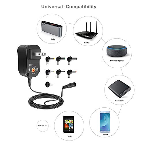 Aisilk Universal Muti-Voltage AC/DC Adapter 12W Switching Power Supply W/ 6 Adapter Plugs, Compatible with 3V 4.5V 5V 6V 7.5V 9V 12V Electronic Devices