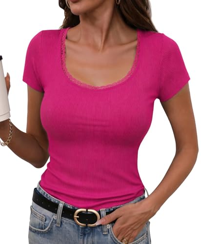Short Sleeve T-Shirt Women Summer Square Neck T Shirt Knit Ribbed Fitted Top Elegant Cotton Elegant Solid Lightweight Casual