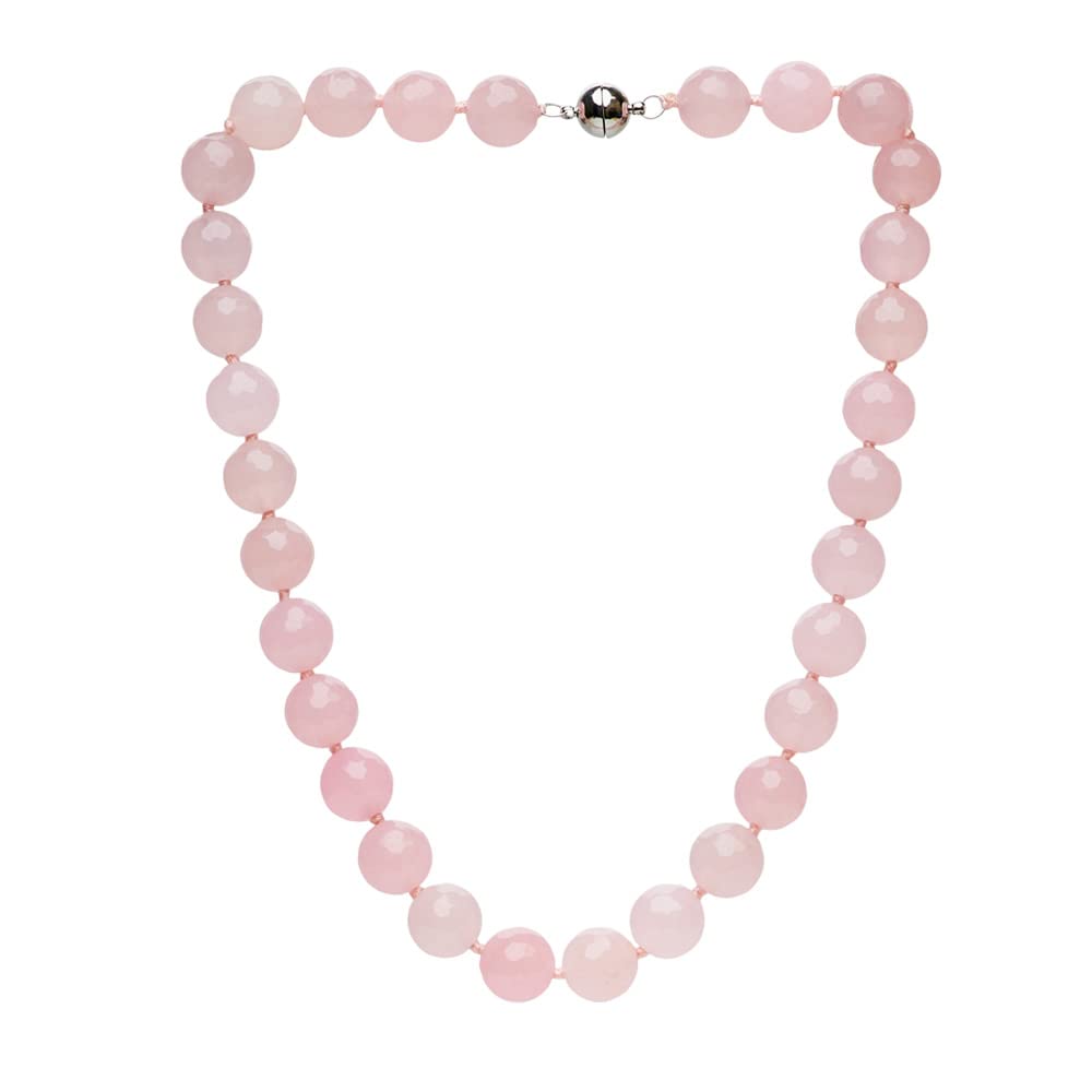 Treasure Bay Women's Gemstone Necklace - Handmade 12mm Natural Gemstone Beaded Necklace Magnetic Clasp Pink Agate, Red Jade, Dark Magenta, Royal Blue (Pink Roze Quartz)