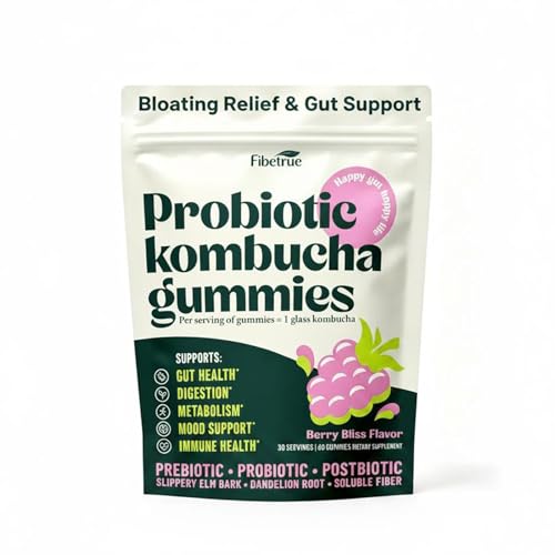 Fibetrue Women’s Probiotic Kombucha Gummies for Gut Health & pH Balance – Prebiotic, Probiotic & Fibre Supplement– Digestive & Immune Support –Slippery Elm,Dandelion Root – 60 Gummies