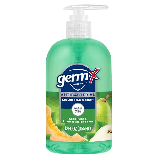 GERM-X ANTIBACTERIAL HAND SOAP, 12 OZ (PACK 4), MOISTURIZING LIQUID HAND WASH FOR KITCHEN OR BATHROOM, PH BALANCED & DERMATOLOGIST TESTED, CRISP PEAR & SUMMER MELON SCENT, PUMP BOTTLE