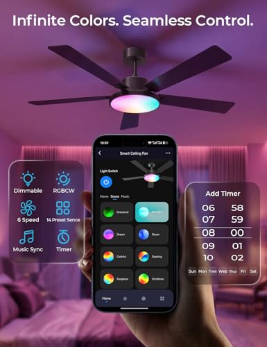 CINOTON Smart Ceiling Fan with Lights, 52'' RGBCW Ceiling Fan with Lights and Remote App Voice Control, Reversible DC Motor, 2600lm Dimmable, 6 Speeds & 2 Fan Modes, Quiet Fan for Bedroom, Living Room