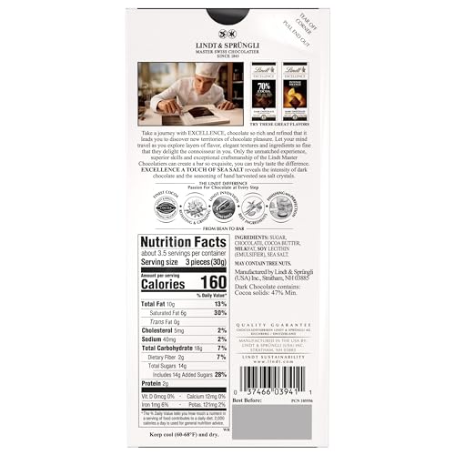 LINDT EXCELLENCE SEA SALT DARK CHOCOLATE BAR, DARK CHOCOLATE CANDY WITH A TOUCH OF SEA SALT, 3.5 OZ. BAR (12 PACK)
