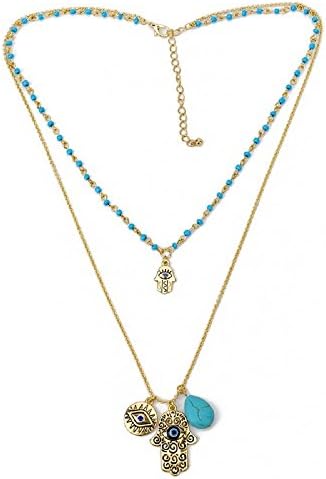 Vintage Multilayer Goldtone Chain Fatima Hamsa Hand Pendant Necklace
