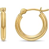 14k Yellow Gold Classic Shiny Polished Round Hoop Earrings, 2mm tube