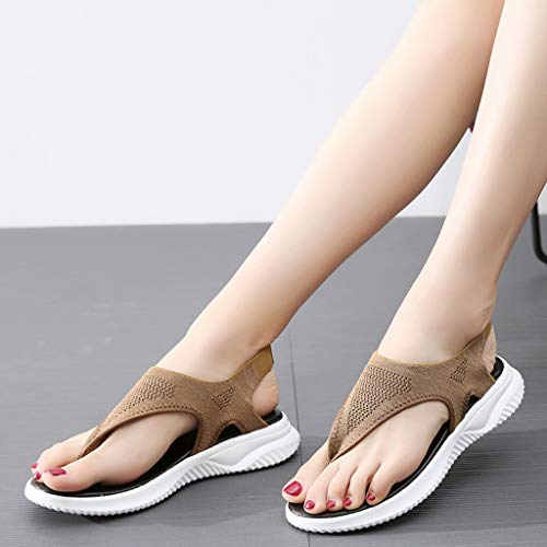 Kauneus Summer Sandals for Women Thong Design Gladiator Comfy Flat Sole Memory Foam Insole Mesh Sandals Khaki - Thumbnail 4