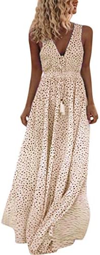Maxi Dresses for Women,Women Summer Sleeveless Dot Print Tassels Deep V Neck Long Beach Maxi Dress