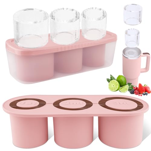 Photo 1 of Fu Store Ice Cube Tray for Tumbler Cup 20-30 oz, 3pcs Silicone Ice Cube Molds With Lid and Bin for Chilling Cocktails Whiskey Drinks Juice Coffee Easy Fill Release Ice Maker (Pink, 30 oz)
