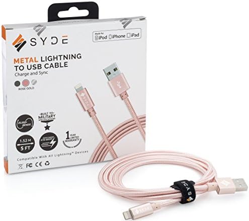SYDE METAL MFI Apple Certified Lightning Cable Braided (5ft) โ Reinforced, Premium, Tough, Military-Grade, Double-Nylon Braided, FAST Charging Cord for iPhone, iPad, and iPod (Rose Gold)