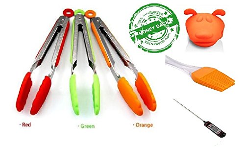 Silicone Kitchen Tongs Bundle With Basting Brush, Oven Mitt & Meat Thermometer - 12, 9 & 7 Inch Tongs For Salad, Grill & Barbecue (BBQ) - Stainless Steel Food Tongs With Silicone Tips For Grip