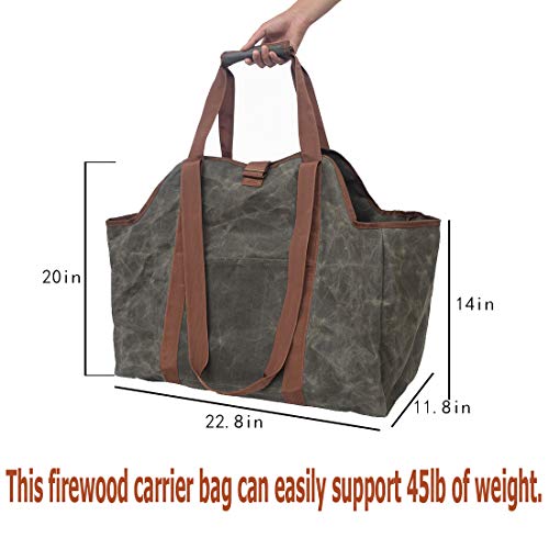 GERYMU Firewood Carrier Canvas Tote Bag with Pocket, Fireplace Tools Wood Rack Waterproof, Fire Pit Log Accessories Double Handle (Dark Green)