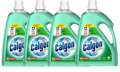 Calgon Hygiene+ Gel – Waschmachinen-Entkalker gegen Geruch, Schmutz und Kalk – Antibakterieller Wasserenthärter – 4 x 1,8L