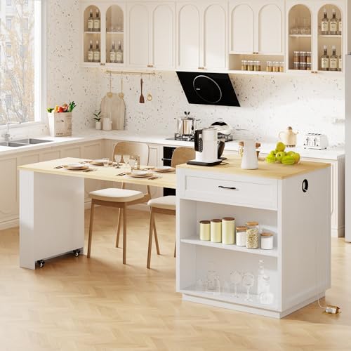 Merax 82.7" Kitchen Island with Extendable Dining Table for 4-6, with Storage, Charging Station, 2 Drawers & 2 Side Open Shelves for Dining Room House Bar, White Oak