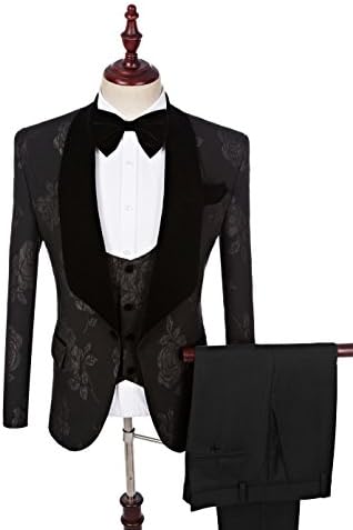 Dennis dress One Button Jacquard Weave Mens Slim Fit Tuxedos Suits 4 Piece Sets (L, Black)