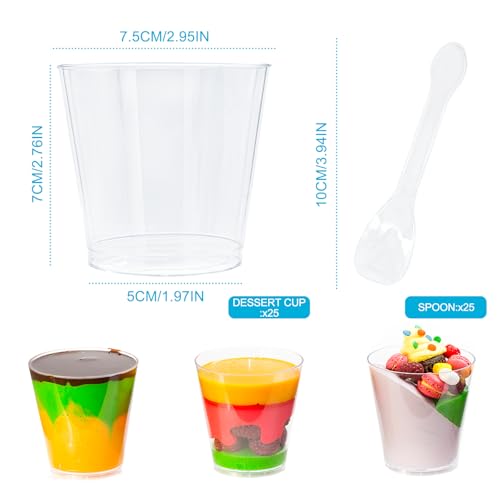 Cisolen 25 Pcs Mini Dessert Cups, 210ml Plastic Dessert Pots with Spoons, Clear Dessert Bowl, Square Cheesecake Pots for Homemade Dessert, Pudding, Mousse, Party