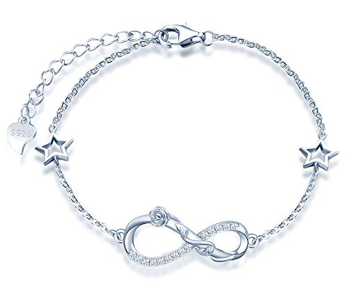 MicLee Woman's girl's Bracelet, 925 Sterling Silver bracelet, Rose flower and infinity symbol bracelet, with mini hollow star, Inlaid zircon, adjustable chain, design of flower bracelet