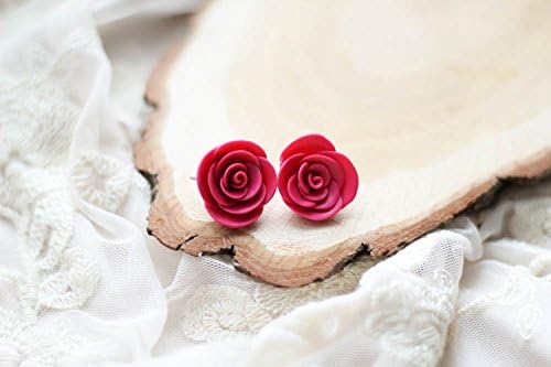 Polymer Clay Rose Flowers Earrings, Fuchsia Rose Earrings, Flower Earrings