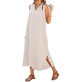 IDEALSANXUN Linen Dresses for Women Spring Summer V Neck Casual Sleeveless Vest Tank Sundress Long Shirt Dress with Slit