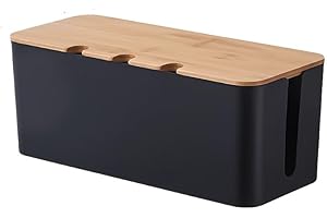 Bamboo Lid Cable Management Box, Plastic Wire Organizer with Holes, Desktop Cable Organizer for Power Strip, Charger, Data Ca