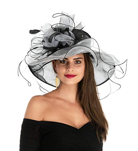 Women's Organza Church Kentucky Derby British Fascinator Bridal Tea Party Wedding Hat Summer Ruffles Cap Detachable as Fascinator(F1-White Black Flower)