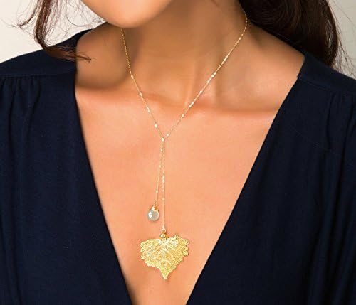 Real Leaf Necklace, Real Cottonwood or Aspen Leaf Gold Lariat Necklace, Rose Gold Birthstone Jewelry, Silver Long Y Necklace with Pendant