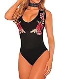 Shawhuwa Womens Sexy Embroidered Choker Bodysuit Clubwear Tops (Medium, Black 13)