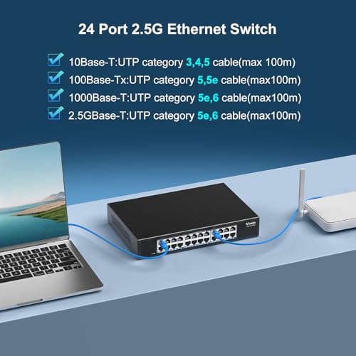 2.5G Unmanaged Switch, Vimin 24 Ports 2.5GB Base-T Ethernet Switch, 2.5GB Network Switch Plug & Play, Compatible with 10/100/1000/2500Mbps, Metal Housing, Fanless, for 2.5Gbps NAS, Wireless AP