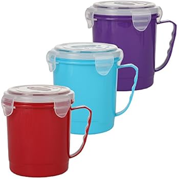 Home-X - Microwave Soup Mug Set with Secure Snap Close Vented Lids, 22 oz Mugs Allow You to Heat and Eat Soups, Noodles, Hot Cereal and More in a Single Container, Set of 3, Red, Blue and Purple