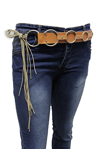 TFJ Women Bohemian Faux Leather Tie Fringes Belt Hip Waist Silver Rings M L XL Beige