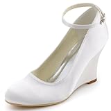 ElegantPark Women Wedges Closed Toe Pumps Satin Wedding Bridal Shoes