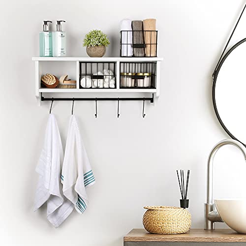 Wood Wall Mounted Shelf with Hooks and Storage Baskets White Floating