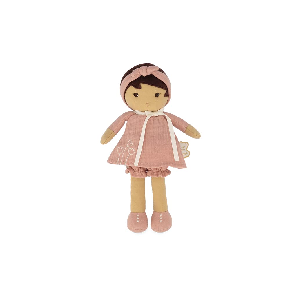Kaloo - Tendresse - Amandine - My 1st Soft Doll - 25 cm Fabric - Pink Muslin Dress - Olive Skin - Pretty Gift Box and Customisable Ribbon - 0 Months +, K200004, MEDIUM