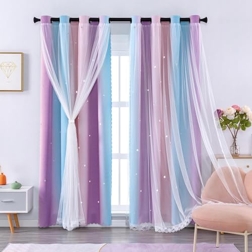 Verdunklungsvorhang für Schlafzimmer Doppellagig 86 x 200 cm aus Polyester mit Voile Sternen-Design Schiebetür Mehrfarbig Pink BluePurple/86/200