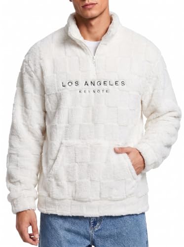 ZAFUL Men's Quarter Zip Fleece Pullover Letter Print Sherpa Jacket White L at Amazon
