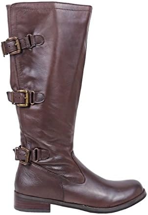 Women Real Leather Knee High Boots Three Straps with Buckles Adjustment, Zipper Closure Inner-side (10, BROWN)