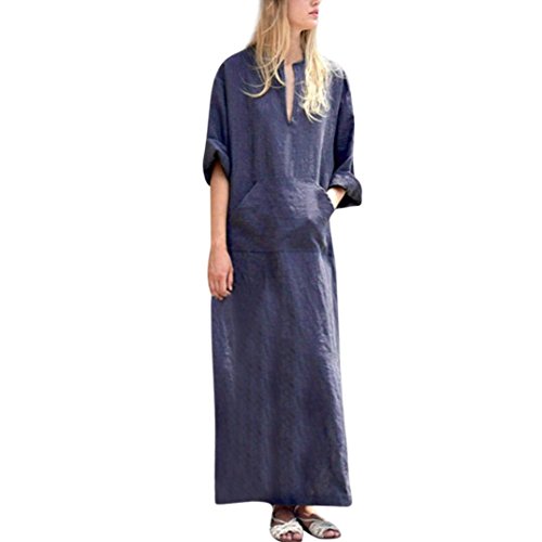 Realdo Women Casual Dress, Fashion Solid Long Sleeve V-Neck Baggy Maxi Dress(Blue,X-Large)