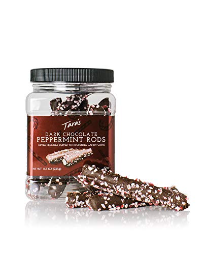 Tara's Handcrafted Gourmet Pretzel Rods, Dark Chocolate Dipped Peppermint Candy Coated