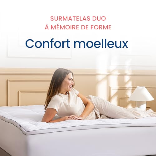 Mello Mattress Topper 160 x 200 cm Duo 8 cm Memory Form, Hotel Quality, Washable Quilted Cotton Cover, Soft and Breathable Comfort, High Density, Made in France