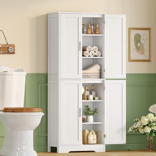 TEENFON 67" Storage Cabinet, Kitchen Pantry Cabinet with 4 Doors and 2 Adjustable Shelves, Tall Bathroom Cabinets, Cupboard, for Dining Room,White
