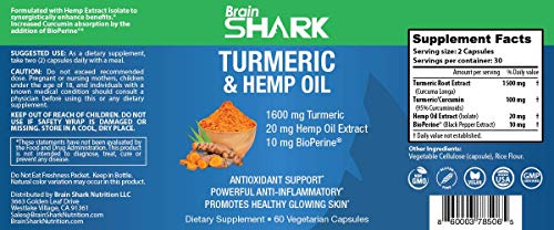 Turmeric Curcumin with Hemp Oil Extract and BioPerine. Antioxidant Support, Powerful Anti-Inflammatory, Promotes Healthy Glowing Skin. 60 Capsules