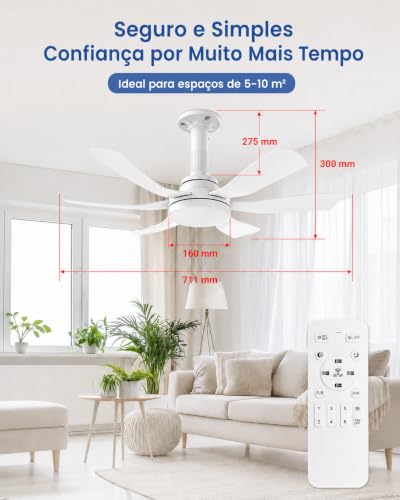 Ventilador de Teto com Luz 28", Instalação Fácil, Fluxo de Ar Potente, Motor DC Reversível, 6 Velocidades e Controle Remoto