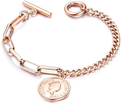 Charm Bracelet for Women Girls Stainless Steel Chain Link Toggle Clasp, 7.3 inches,Silver Rose Gold