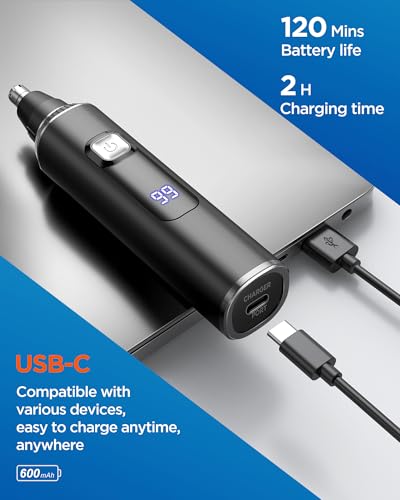 Nose Hair Trimmer for Men,3 in 1 USB Nose Trimmer with LED Display,Painless Dual Edge Blades Nasal Hair Trimmers for Men,Eyebrow Razor Scissors,Ear Facial Hair Remover,IPX7 Waterproof,Easy Cleansing